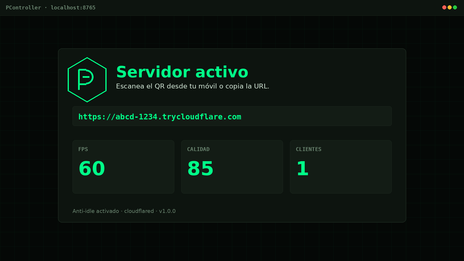 Captura del cliente web de PController controlando un PC